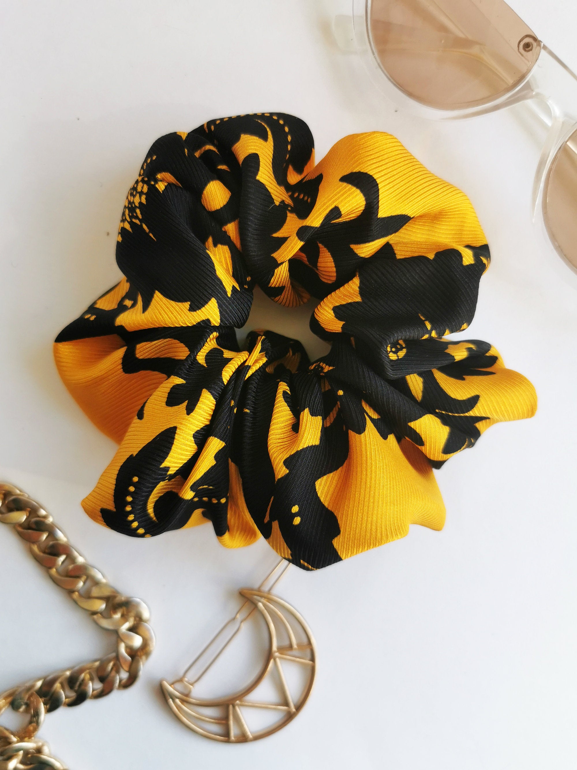 Handmade BIG Yellow black gold floral 100% SILK hair scrunchy