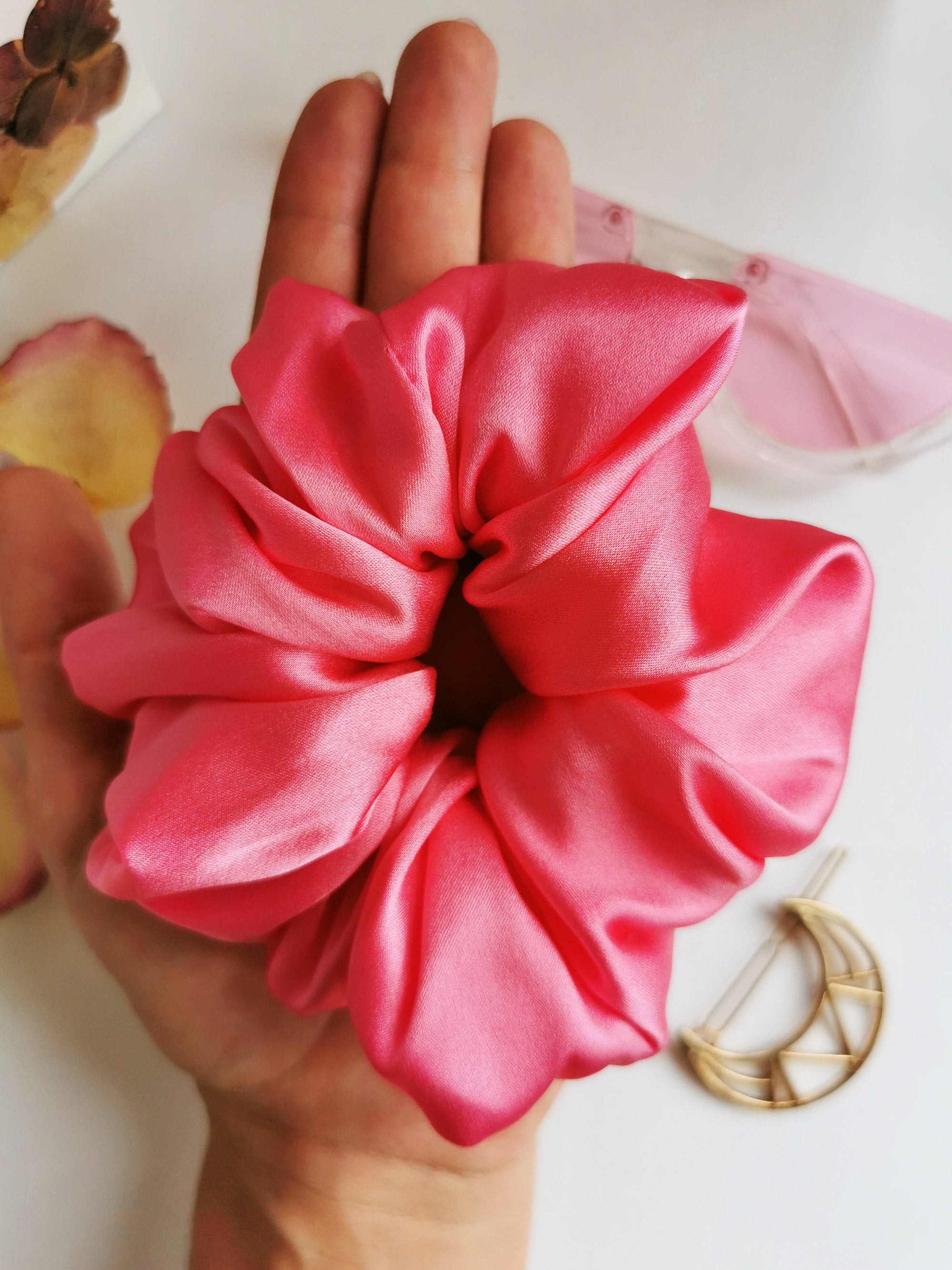 Handmade BIG fuchsia pink 100% SILK hair scrunchy