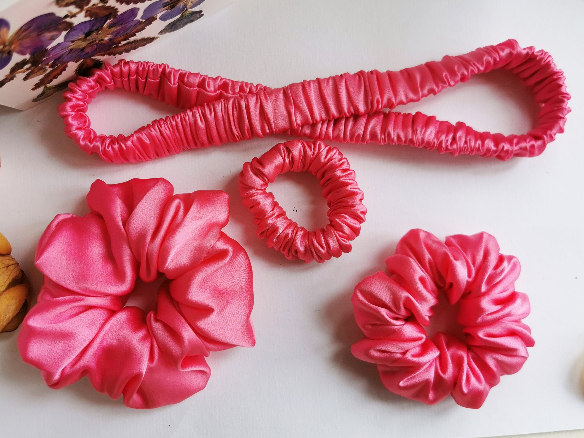 Handmade 4 pieces fuchsia pink hair scrunchies & Headband set