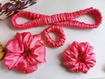 Load image into Gallery viewer, Handmade 4 pieces fuchsia pink hair scrunchies &amp; Headband set
