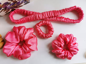 Handmade 4 pieces fuchsia pink hair scrunchies & Headband set