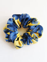 Load image into Gallery viewer, Handmade MEDIUM blue &amp; yellow floral 100% SILK hair scrunchy
