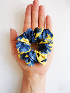 Handmade MEDIUM blue & yellow floral 100% SILK hair scrunchy