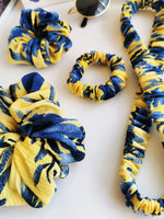 Load image into Gallery viewer, Handmade 4 pieces blue yellow floral hair scrunchies &amp; Headband set
