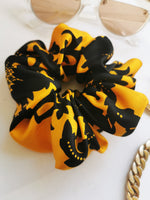 Load image into Gallery viewer, Handmade BIG Yellow black gold floral 100% SILK hair scrunchy
