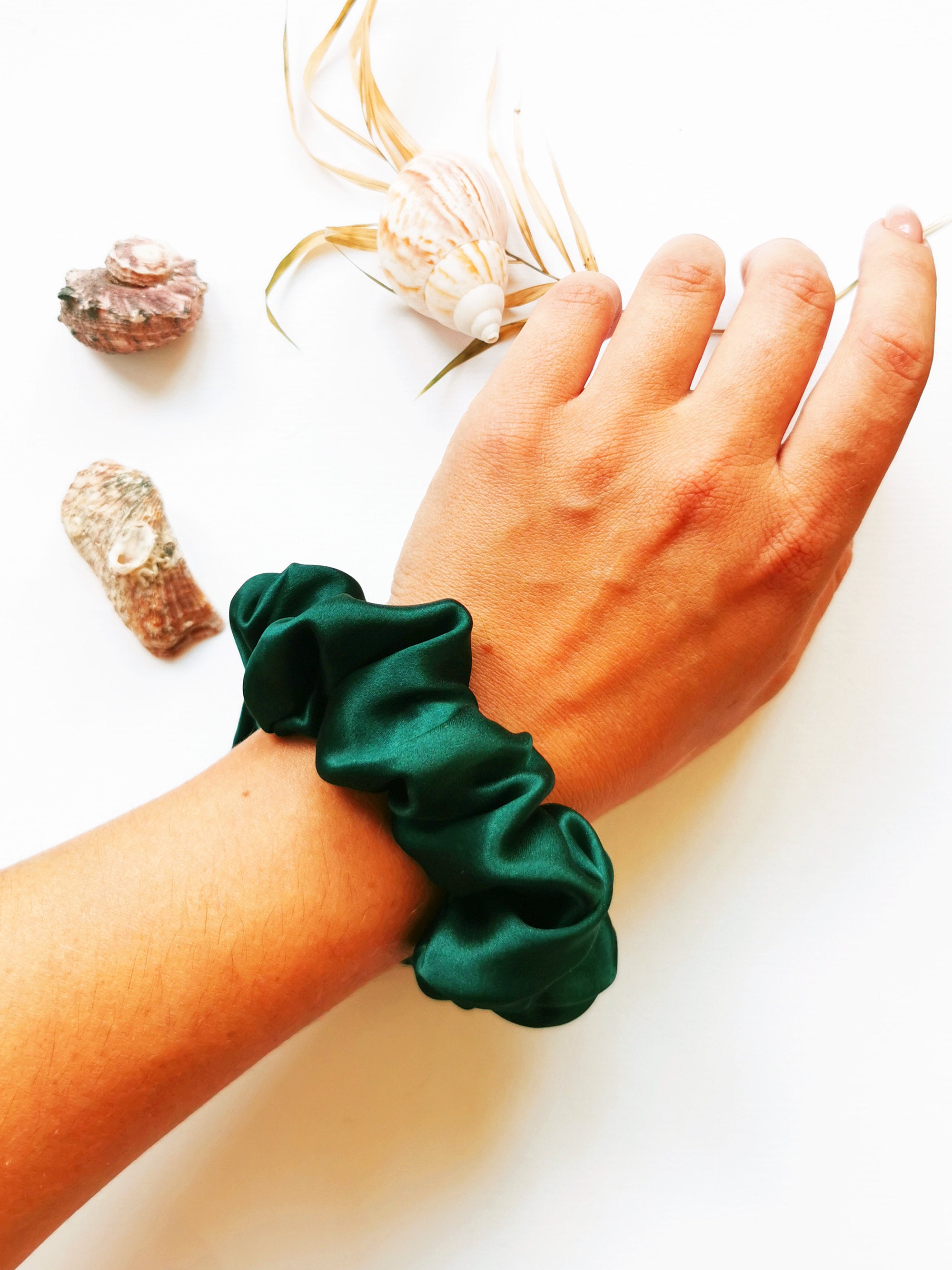 Handmade MEDIUM emerald green 100% SILK hair scrunchy