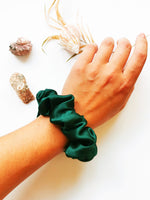 Load image into Gallery viewer, Handmade MEDIUM emerald green 100% SILK hair scrunchy
