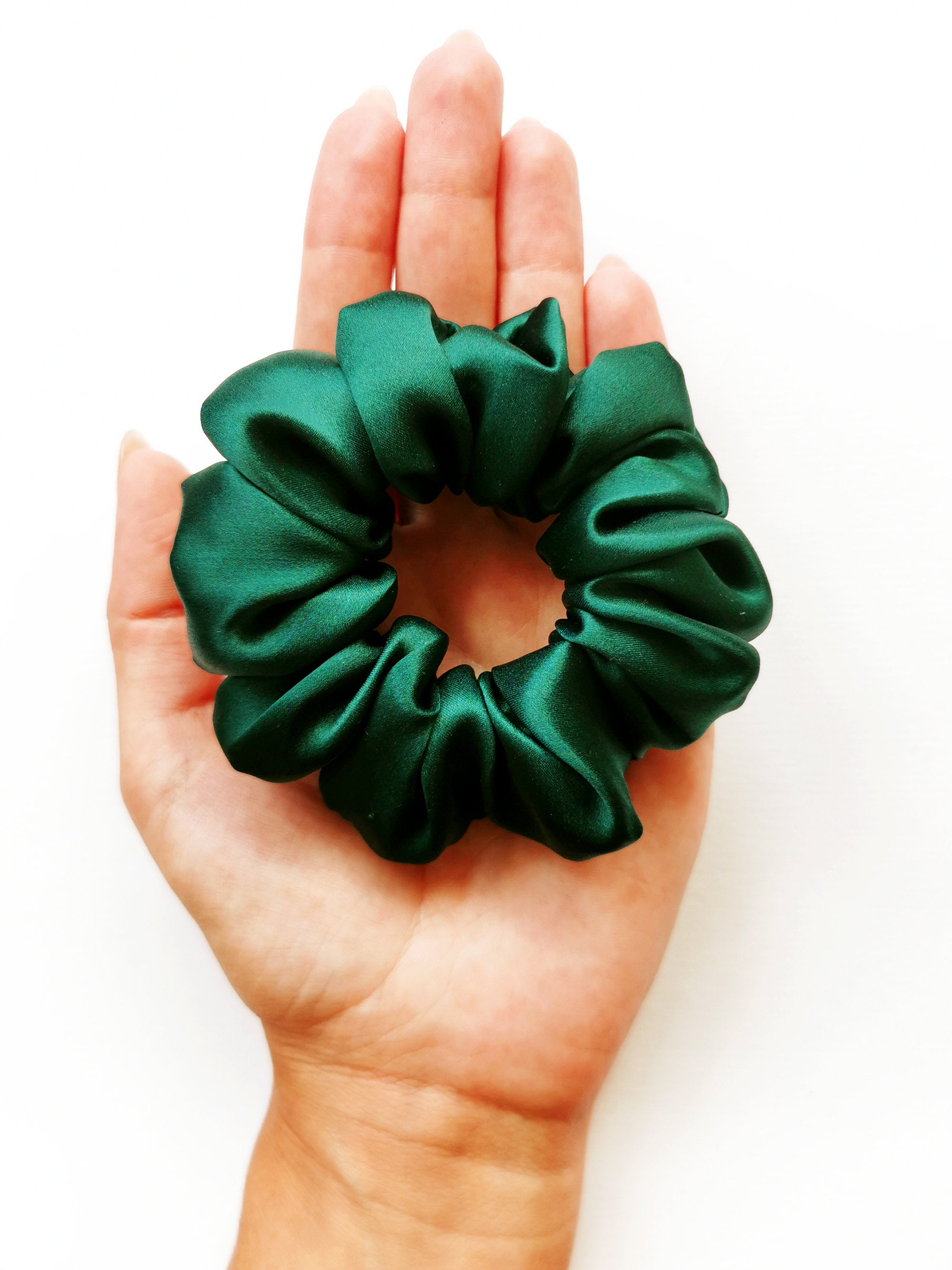 Handmade MEDIUM emerald green 100% SILK hair scrunchy