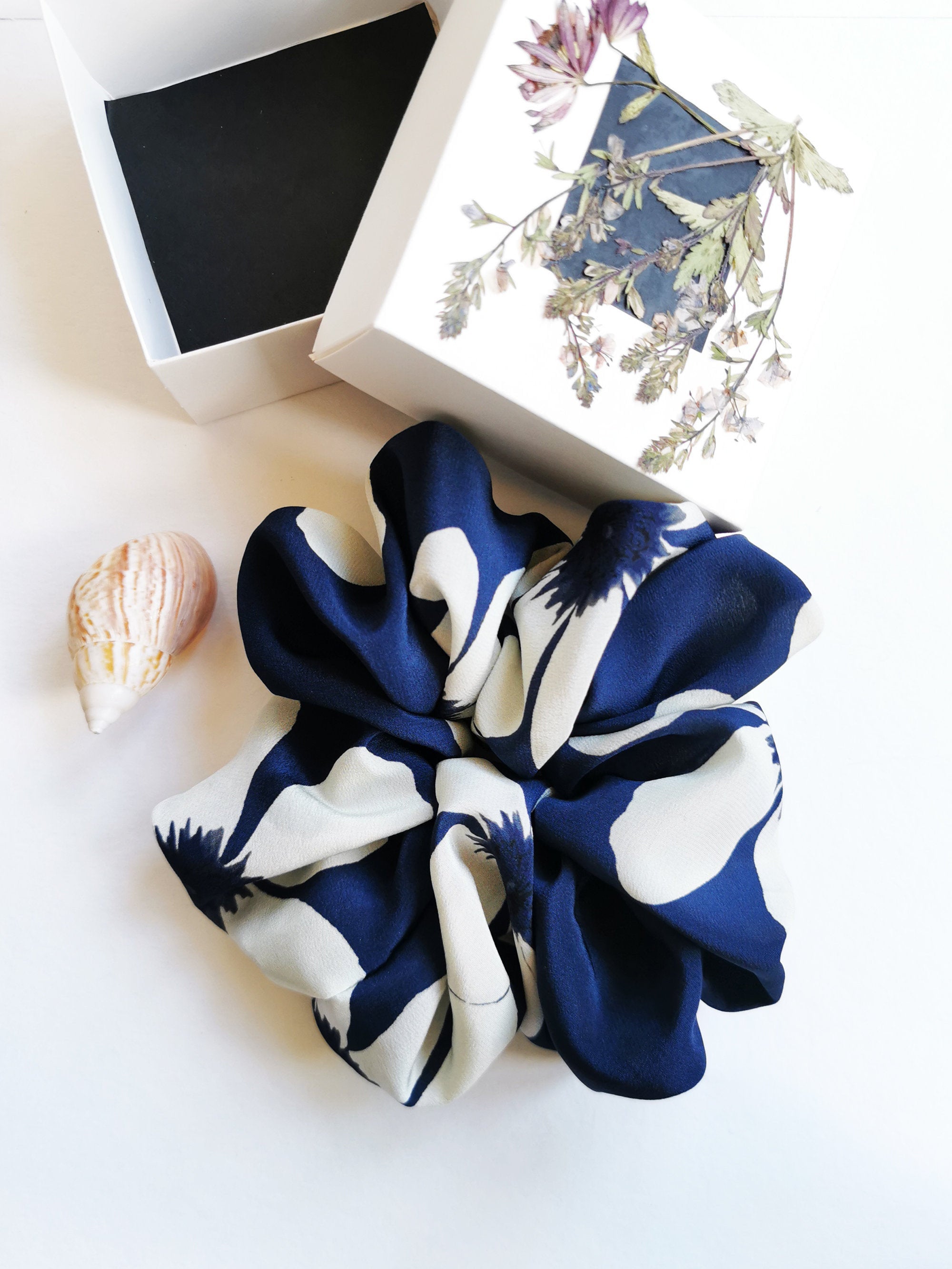 Handmade Huge blue & white floral 100% SILK ponytail scrunchy