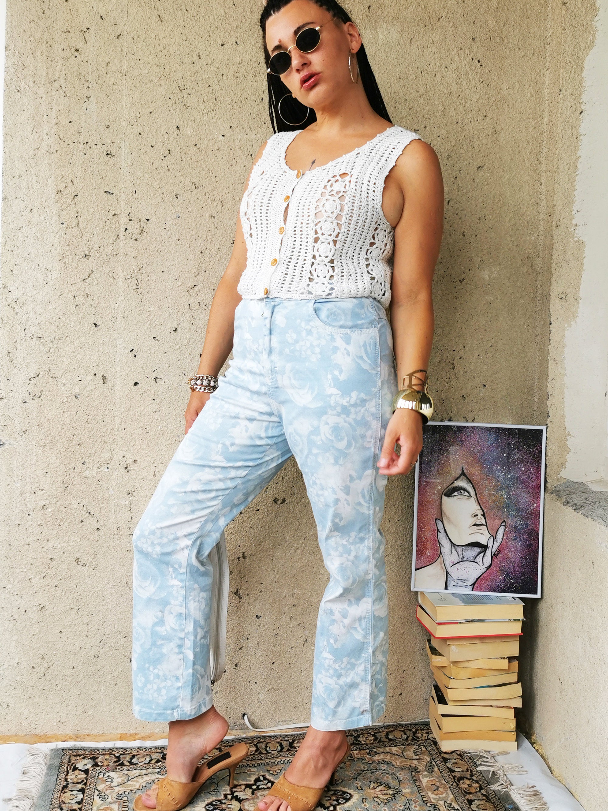 Vintage 90s Vintage high waist blue floral print jeans pants