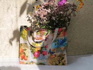 Handmade shopping tote bag with colorful print