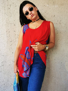 Vintage 90s abstract print red drape tunic top