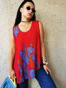 Vintage 90s abstract print red drape tunic top