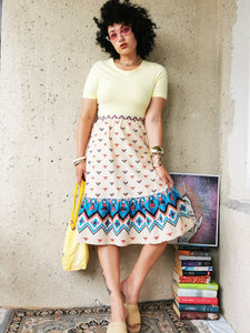 Vintage 60s beige geometric print peasant midi skirt