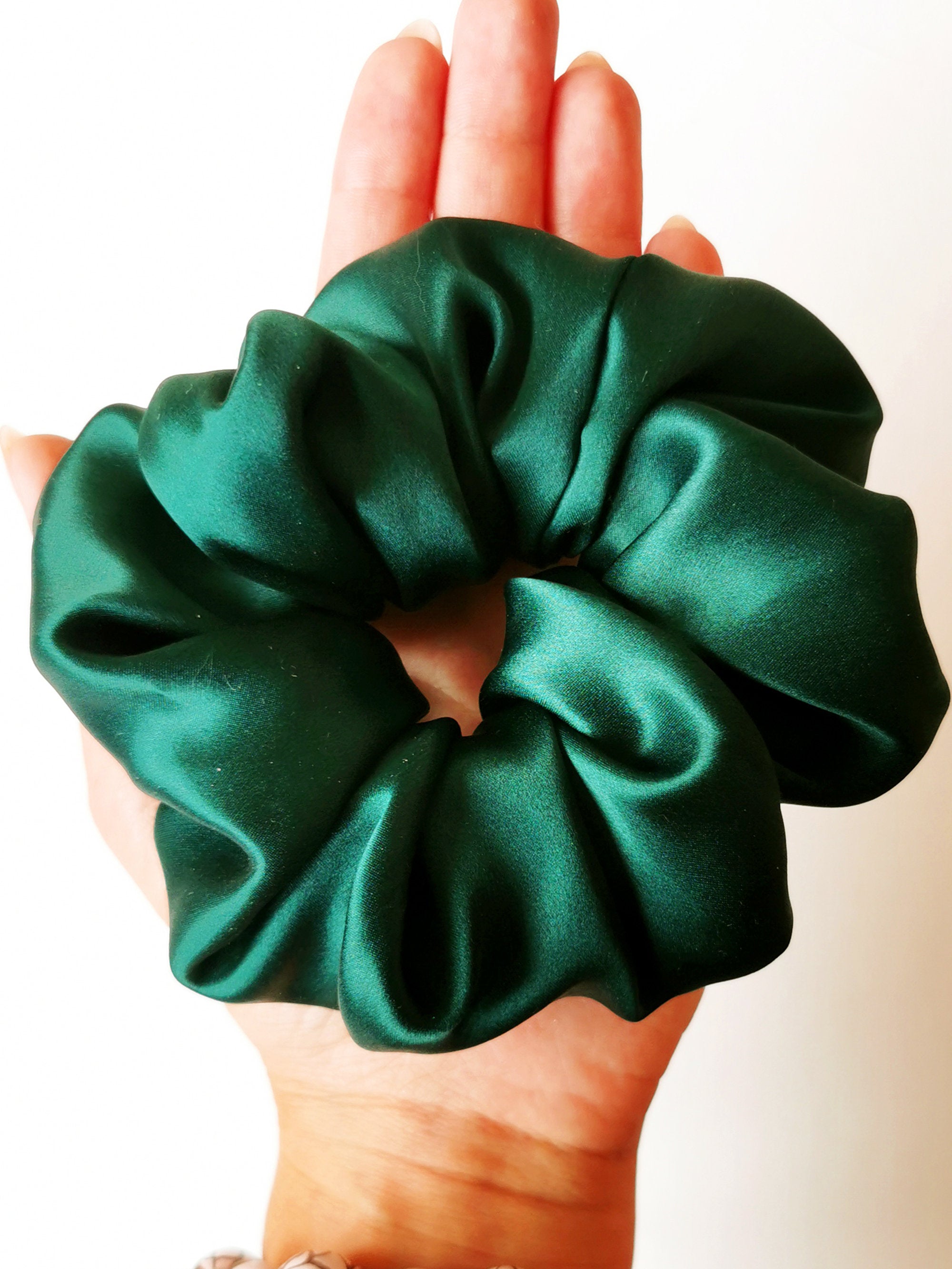 Silk Handmade BIG emerald green 100% SILK hair scrunchy