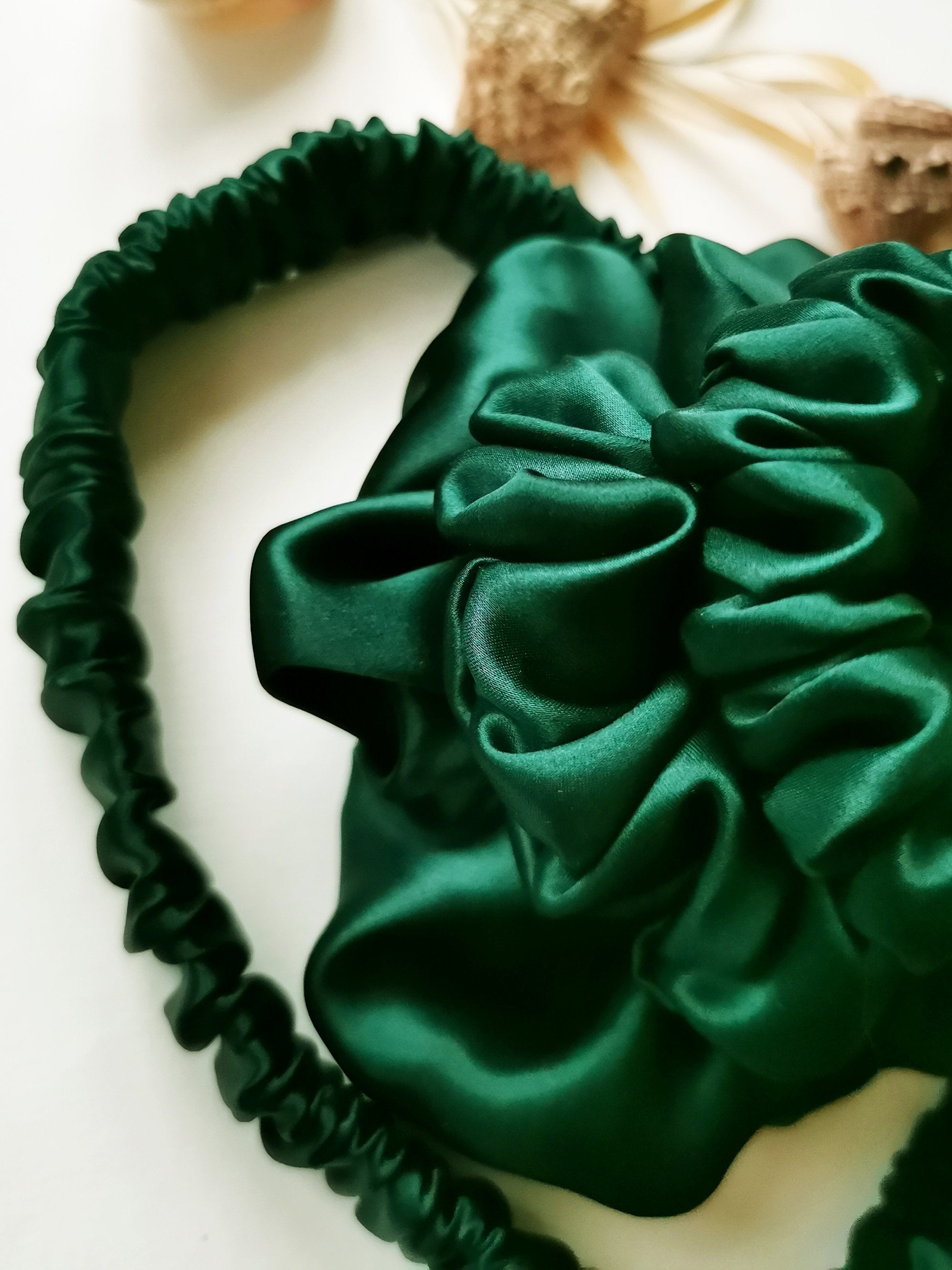 Silk Handmade BIG emerald green 100% SILK hair scrunchy
