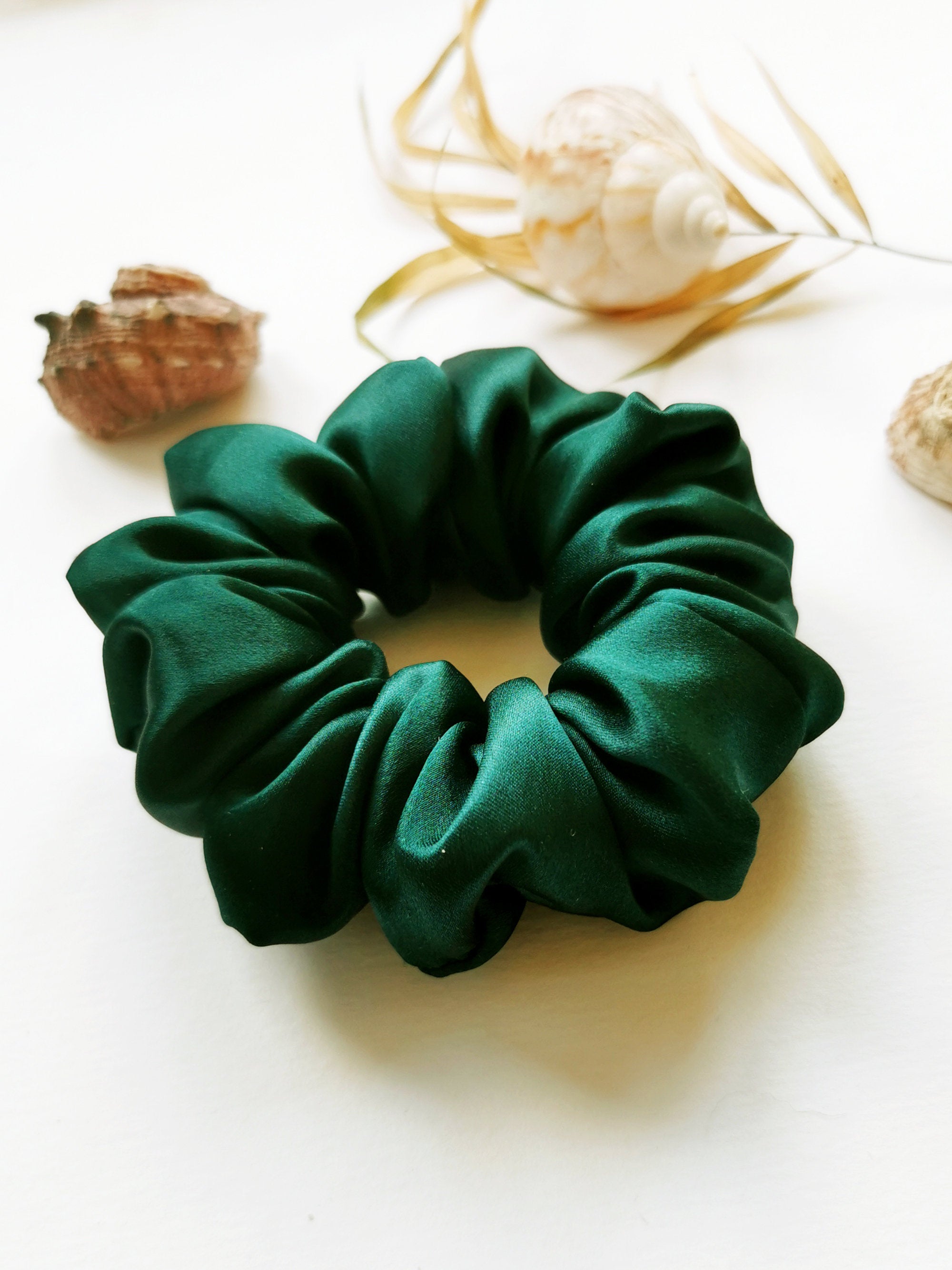 Handmade MEDIUM emerald green 100% SILK hair scrunchy