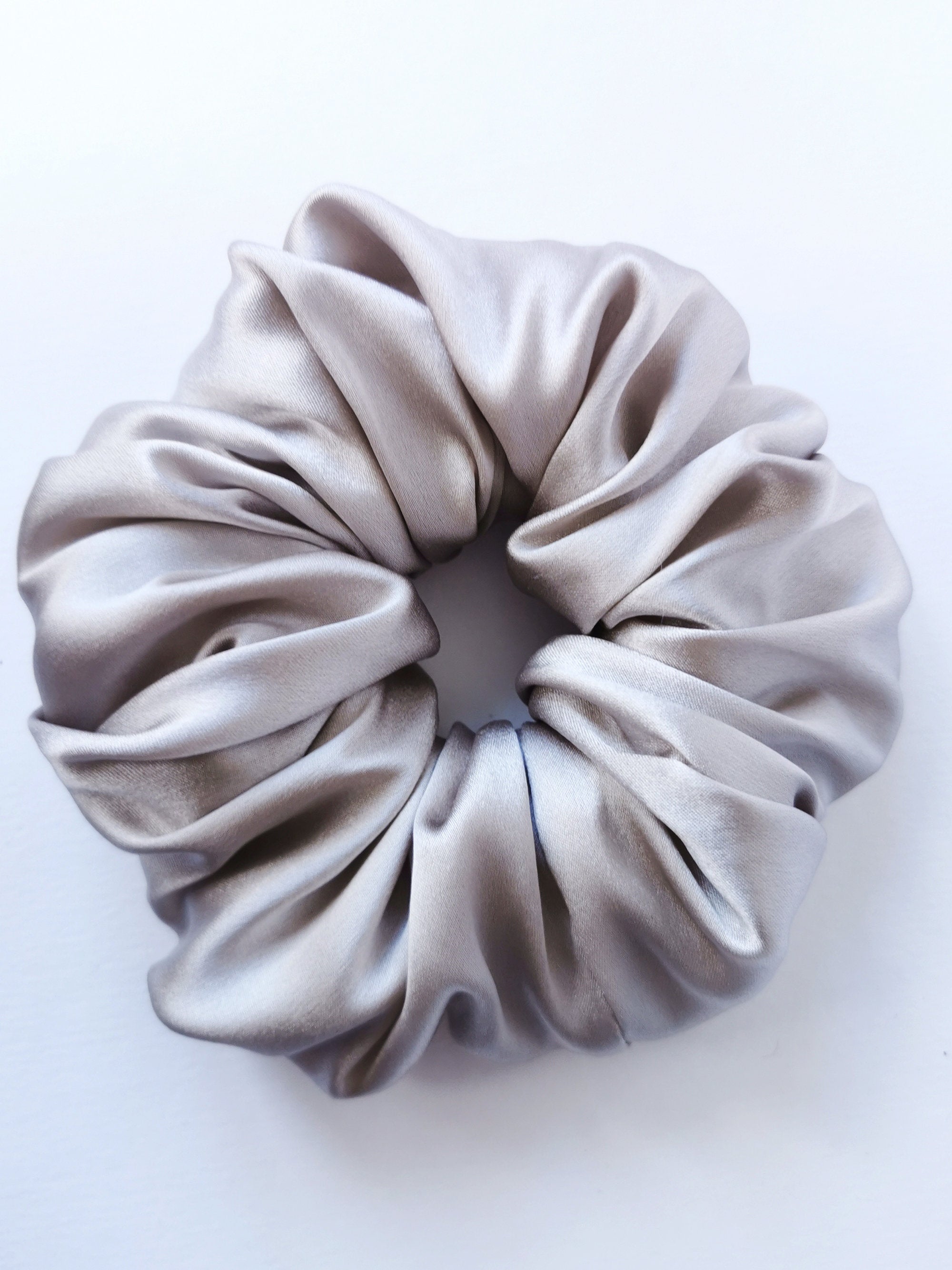 Handmade 100% Silk BIG metal silver grey hair scrunchy