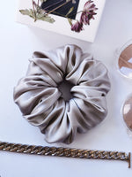 Load image into Gallery viewer, Handmade 100% Silk BIG metal silver grey hair scrunchy
