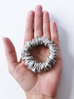 Load image into Gallery viewer, Handmade 100% Silk SMALL metal silver grey hair scrunchy
