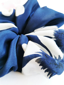 Handmade Huge blue & white floral 100% SILK ponytail scrunchy