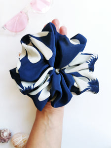 Handmade Huge blue & white floral 100% SILK ponytail scrunchy