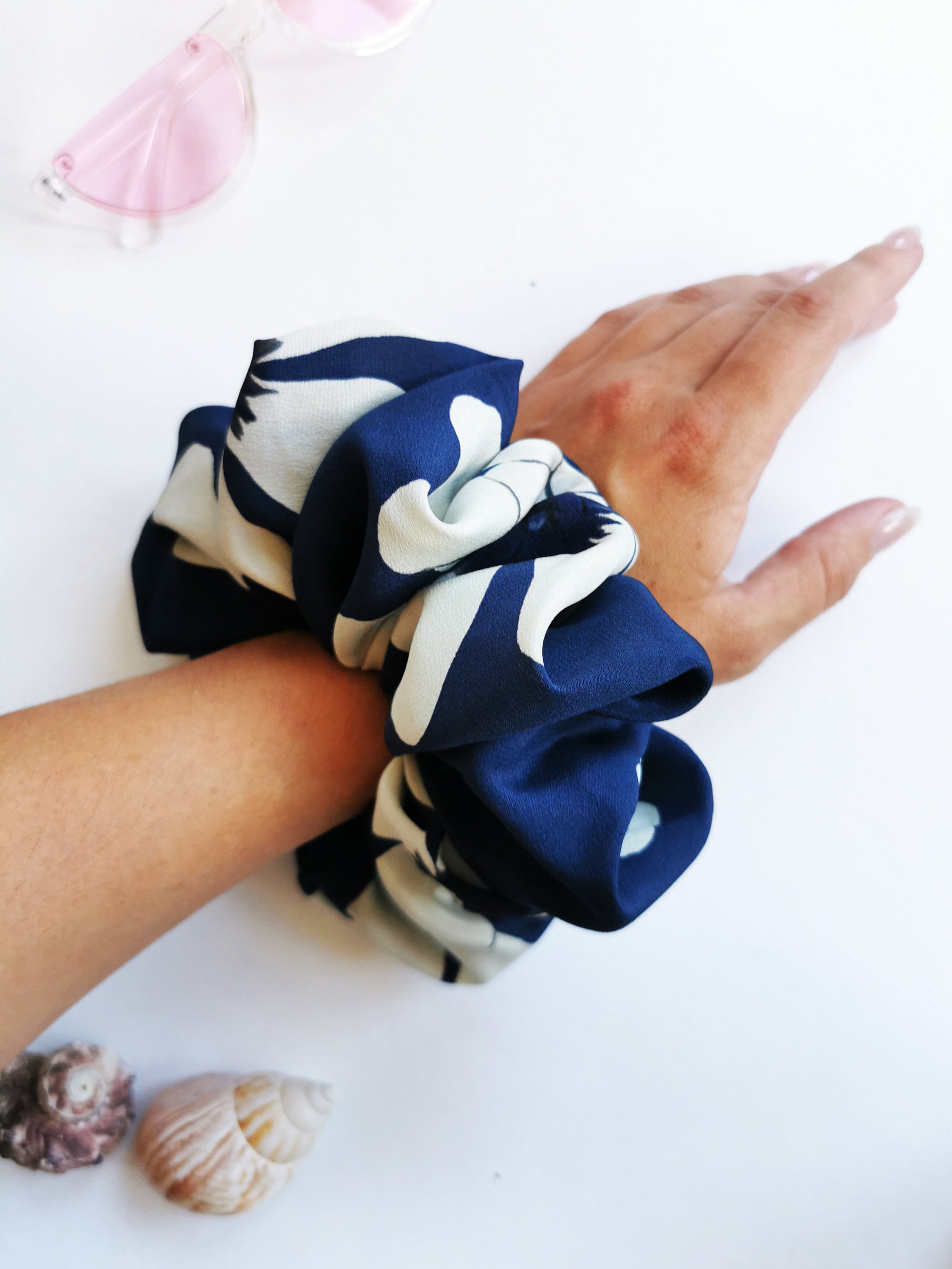 Handmade Huge blue & white floral 100% SILK ponytail scrunchy