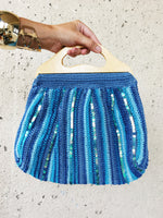 Load image into Gallery viewer, Vintage 80s blue striped sequin hand bag with wooden handle
