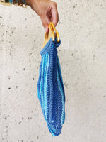 Load image into Gallery viewer, Vintage 80s blue striped sequin hand bag with wooden handle
