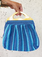 Load image into Gallery viewer, Vintage 80s blue striped sequin hand bag with wooden handle
