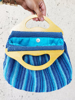 Load image into Gallery viewer, Vintage 80s blue striped sequin hand bag with wooden handle
