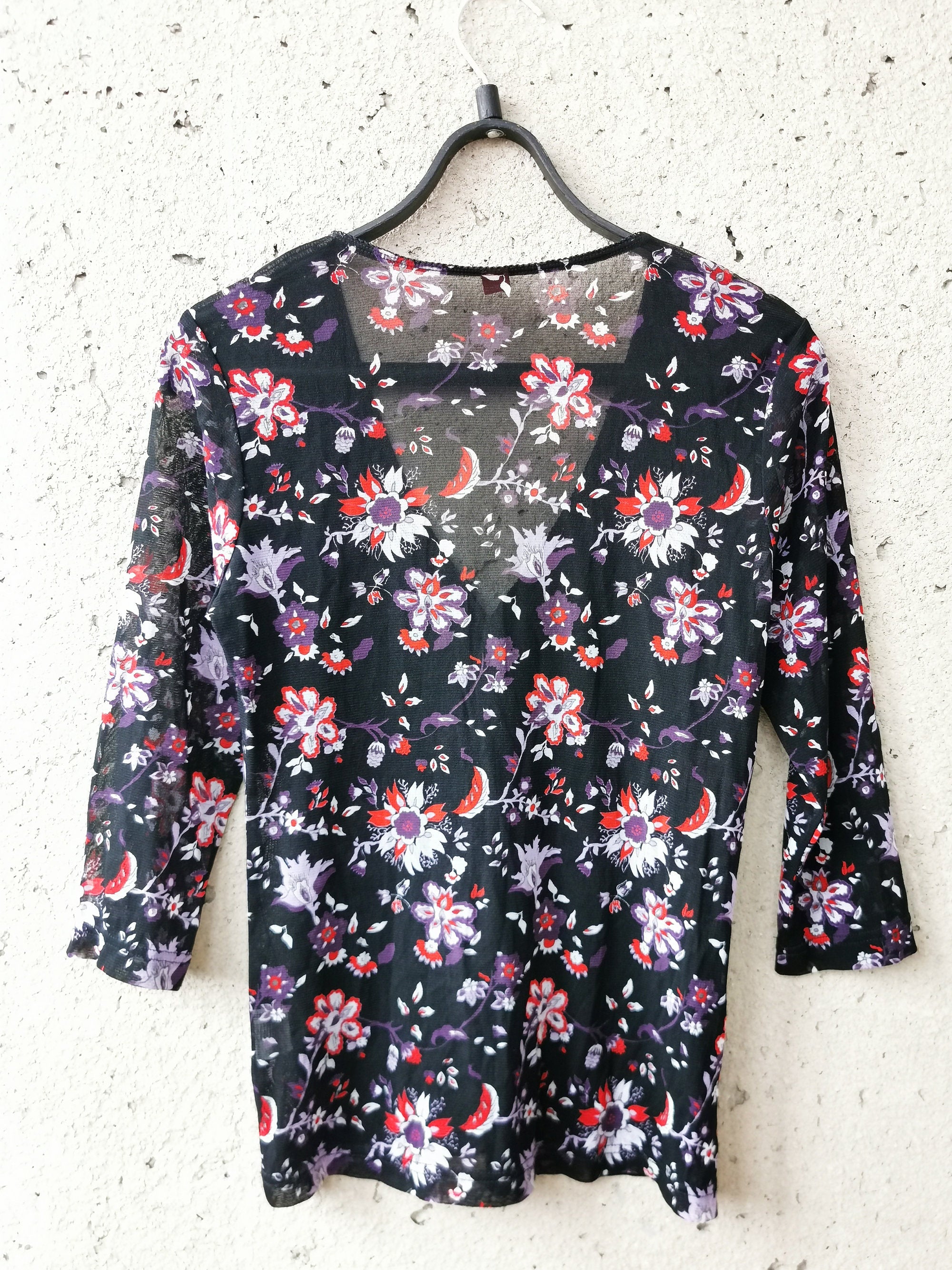 Vintage 90s floral print see through black mesh top