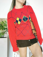 Load image into Gallery viewer, Vintage 90s Argyle print Preppy sweater jumper in red
