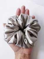 Load image into Gallery viewer, Handmade 100% Silk BIG metal silver grey hair scrunchy
