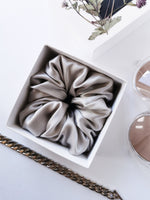 Load image into Gallery viewer, Handmade 100% Silk BIG metal silver grey hair scrunchy
