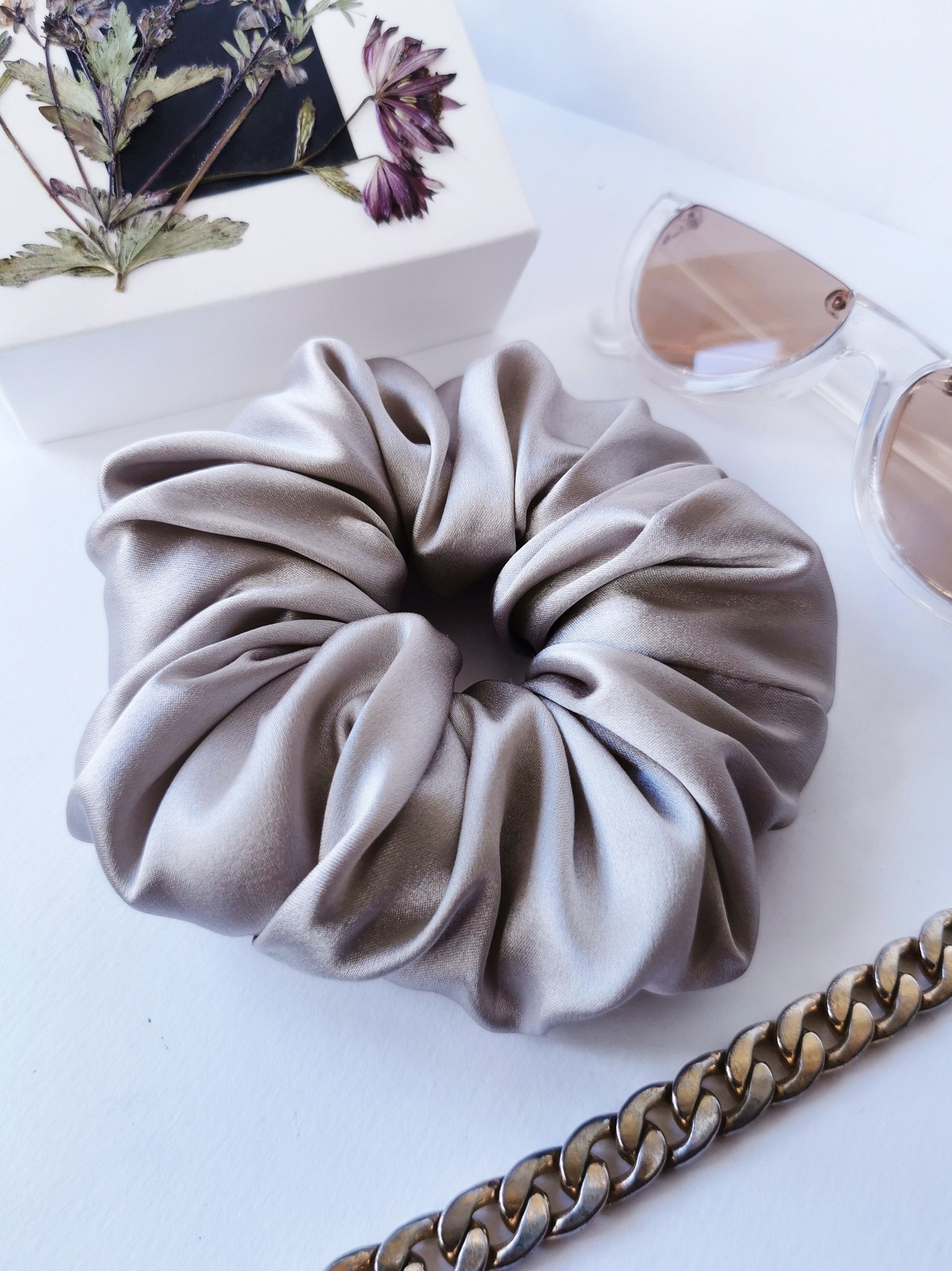 Handmade 100% Silk BIG metal silver grey hair scrunchy