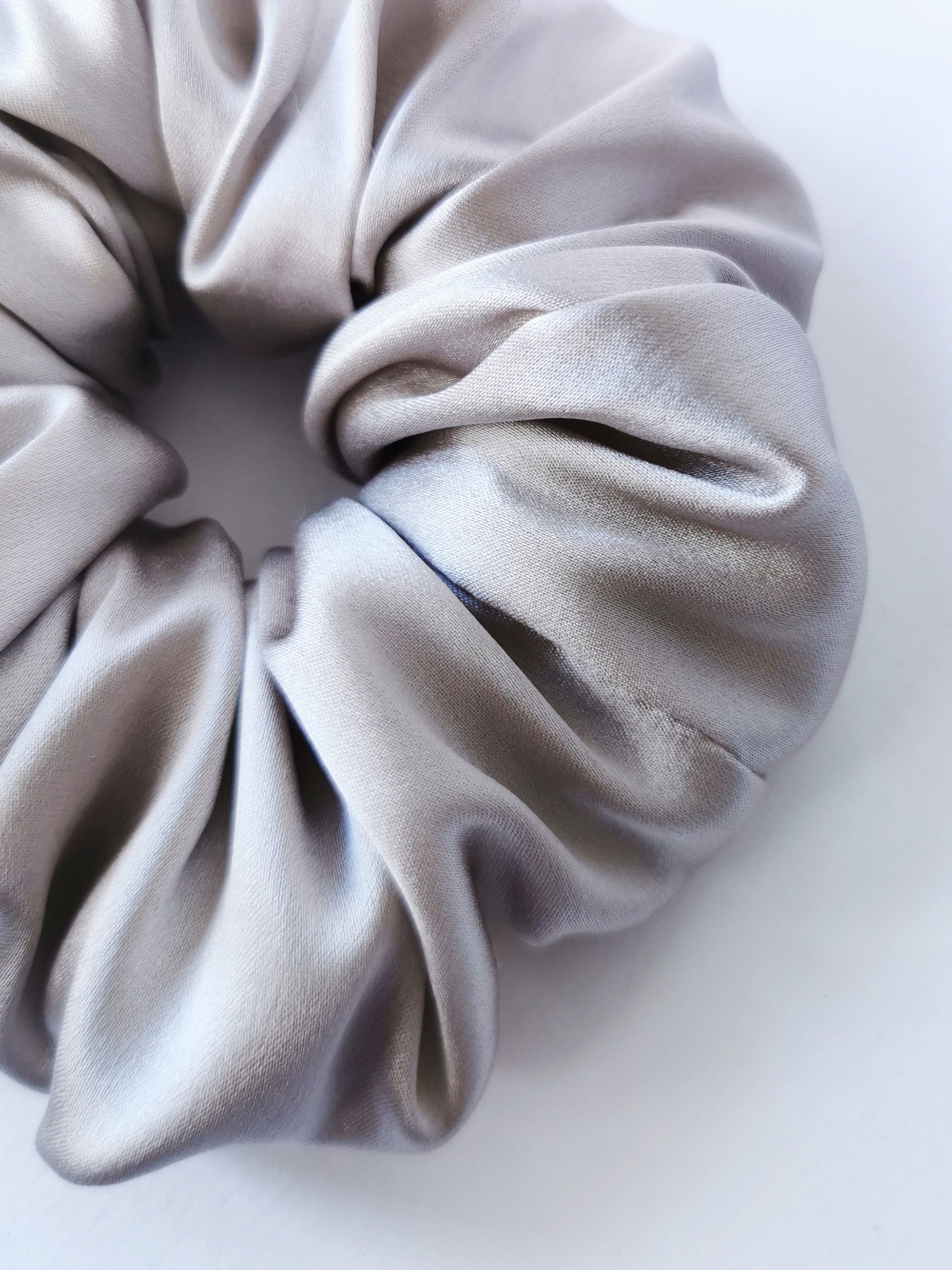 Handmade 100% Silk BIG metal silver grey hair scrunchy