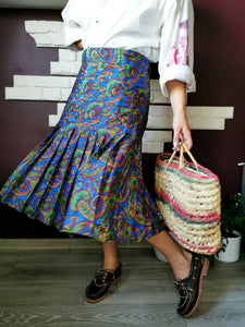 Vintage 80s colorful paisley print pleated midi skirt