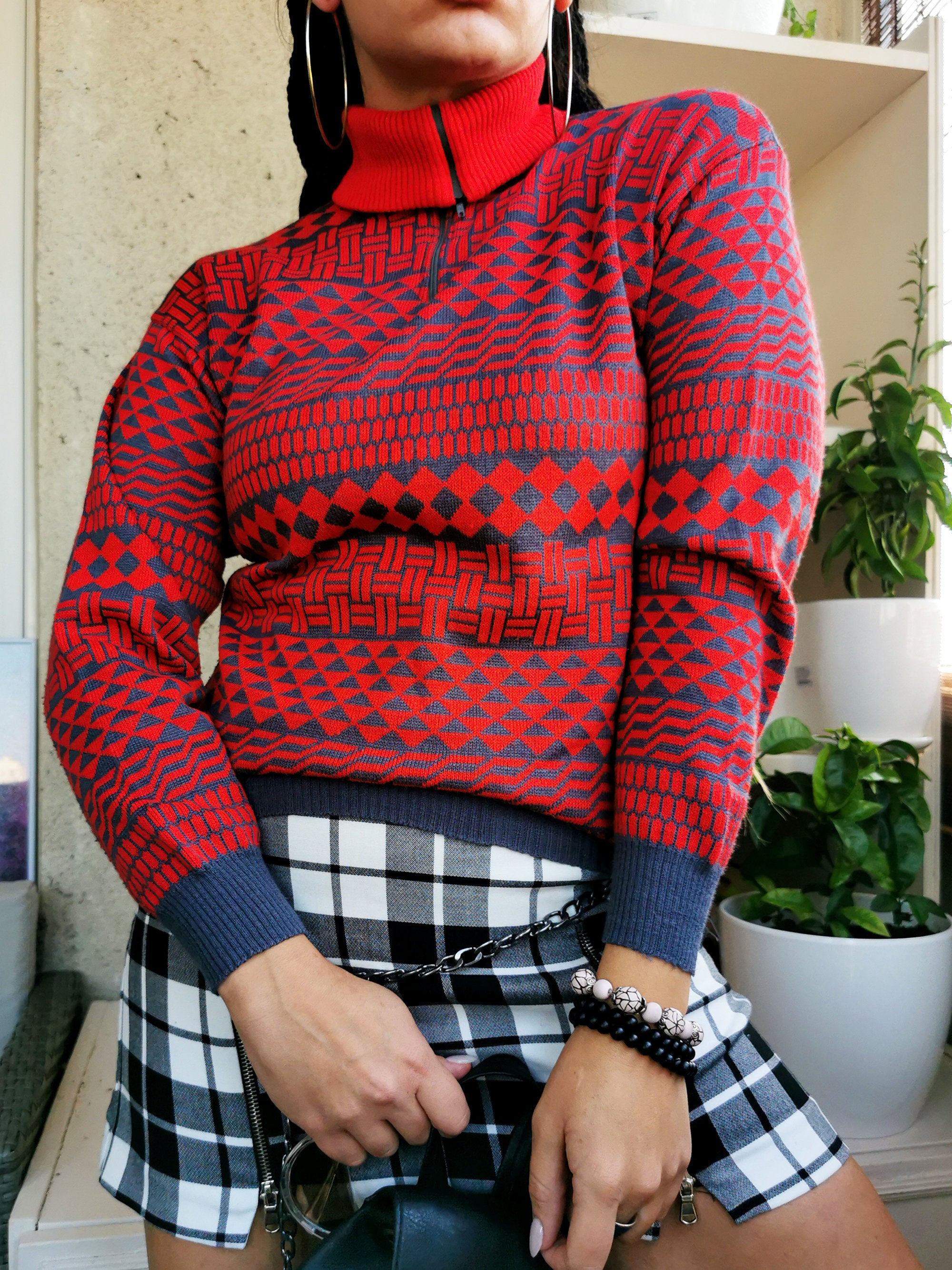 Vintage 80s zip collar geometric print knit jumper