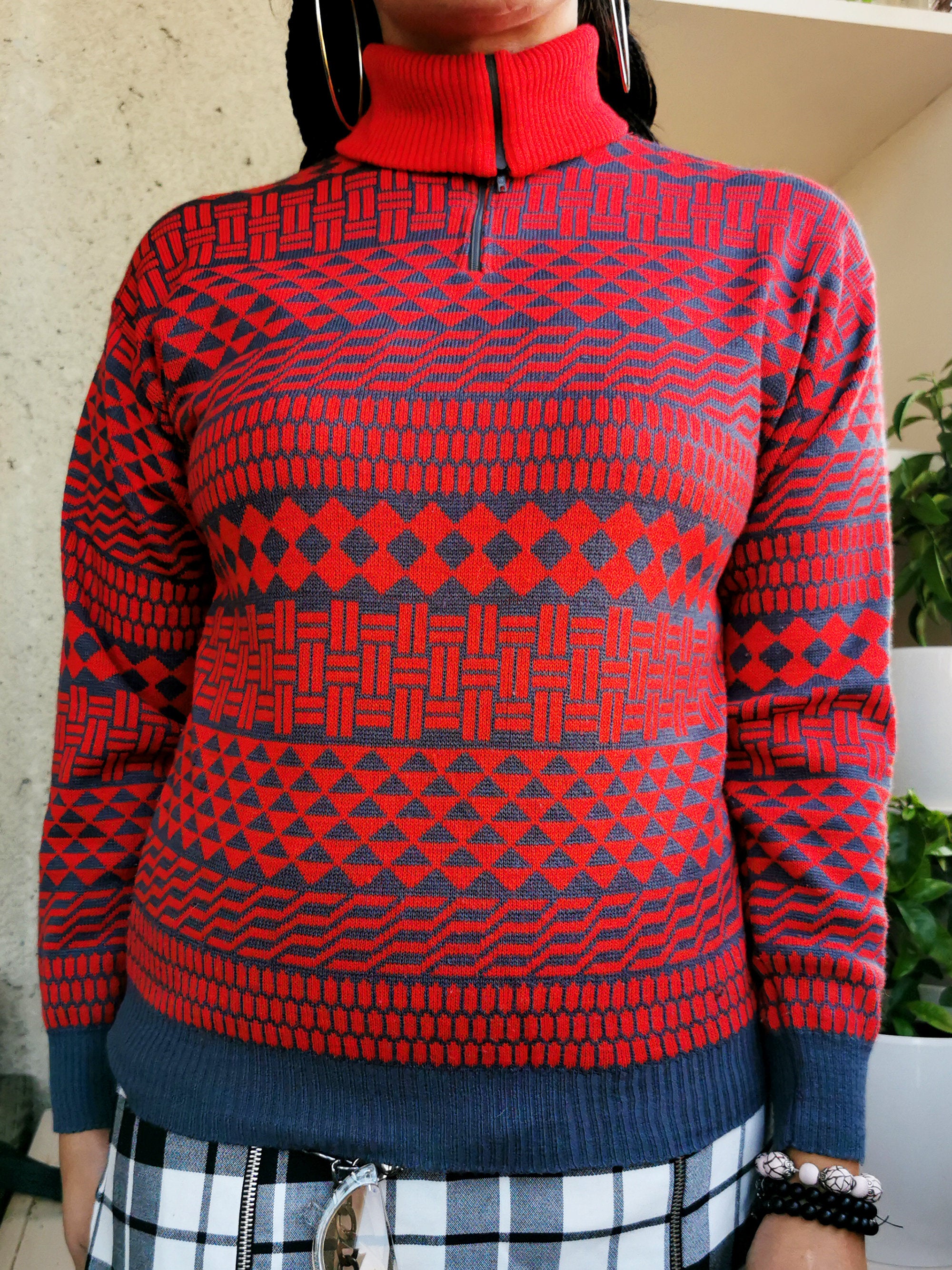 Vintage 80s zip collar geometric print knit jumper