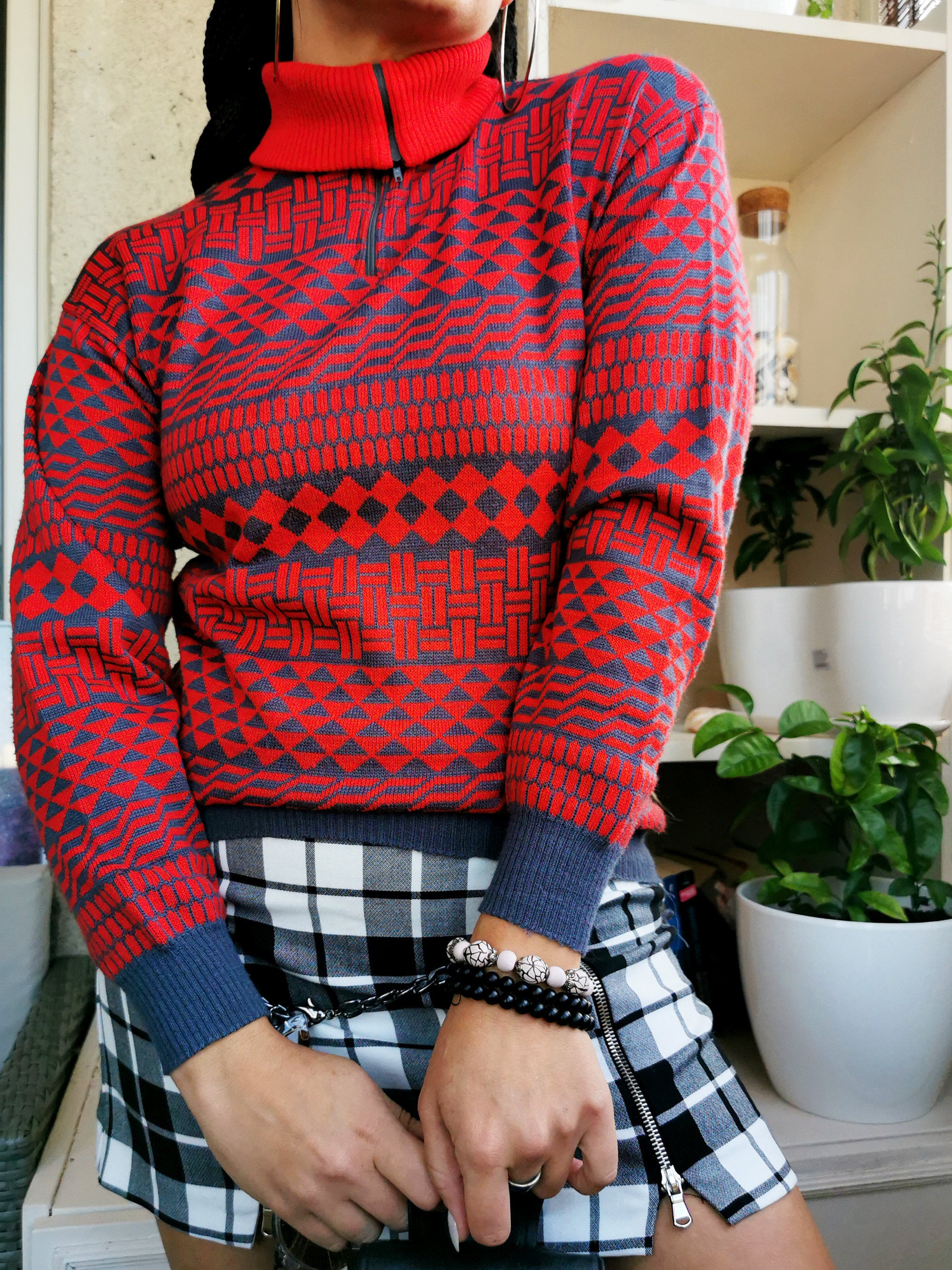 Vintage 80s zip collar geometric print knit jumper