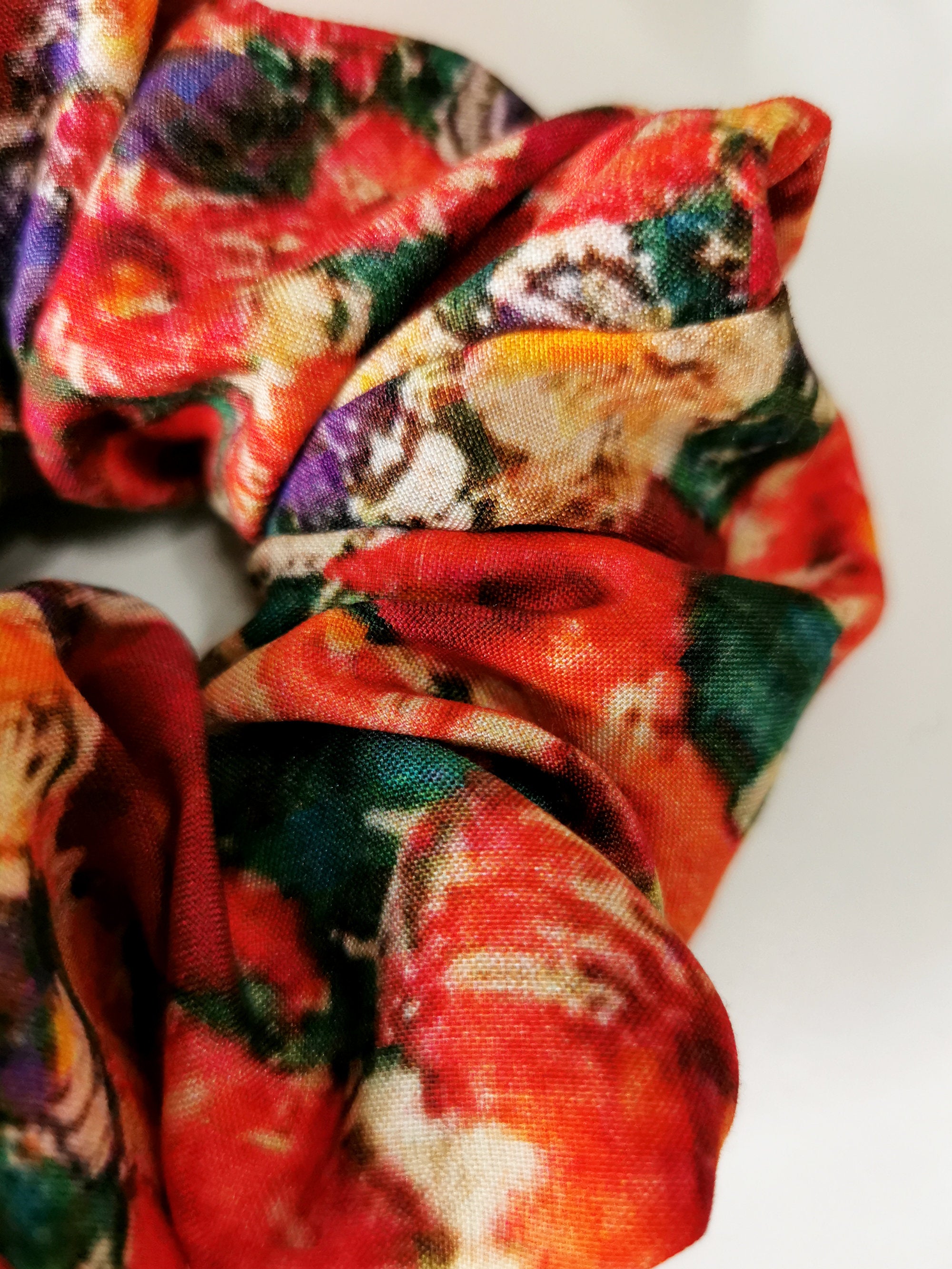 Handmade 100% SILK colorful floral big hair scrunchy