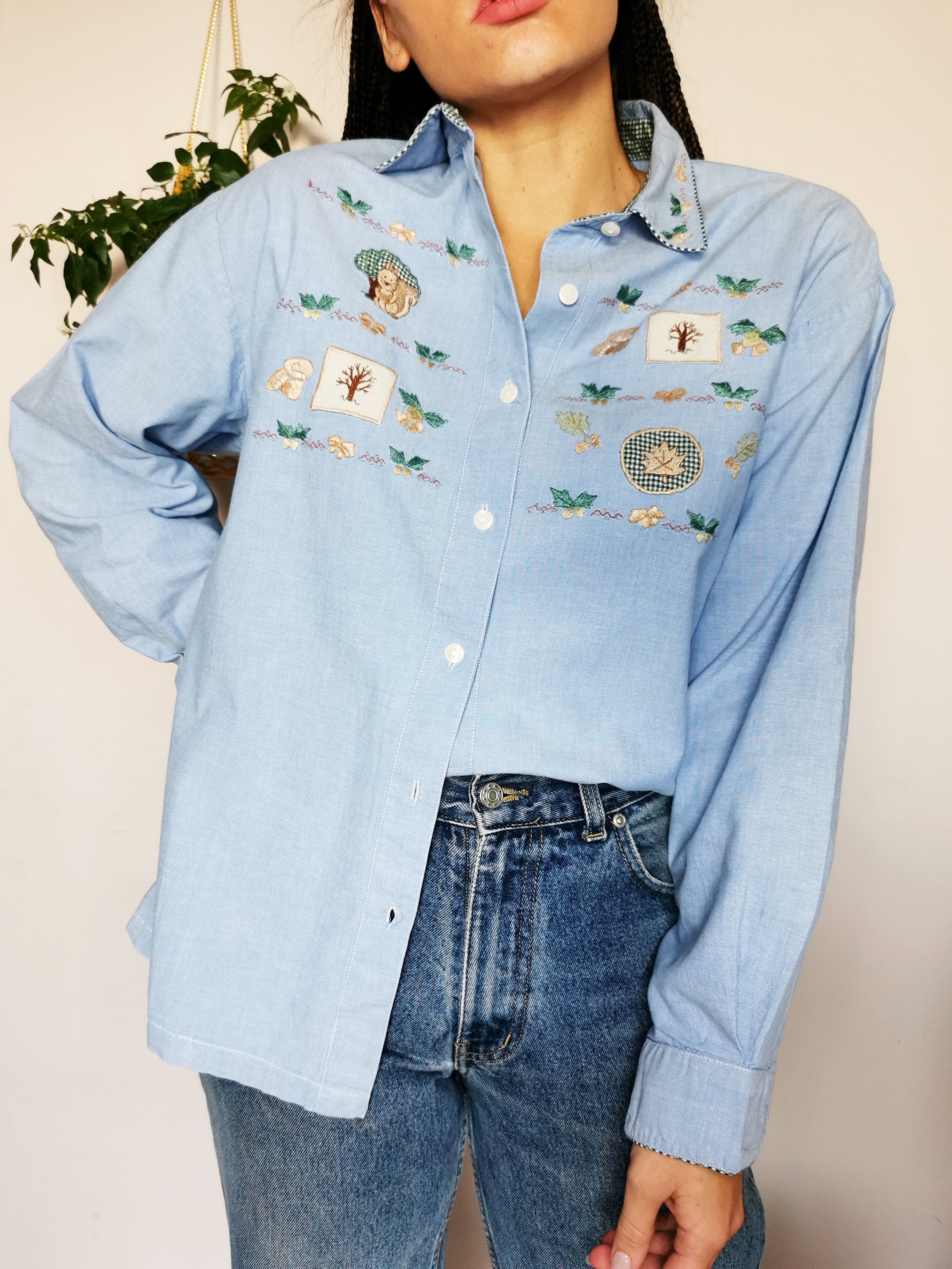 Vintage 90s Wood print applique oversized unisex shirt top
