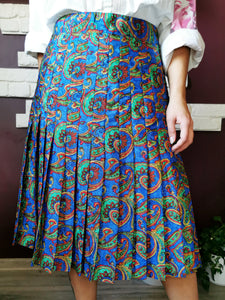 Vintage 80s colorful paisley print pleated midi skirt