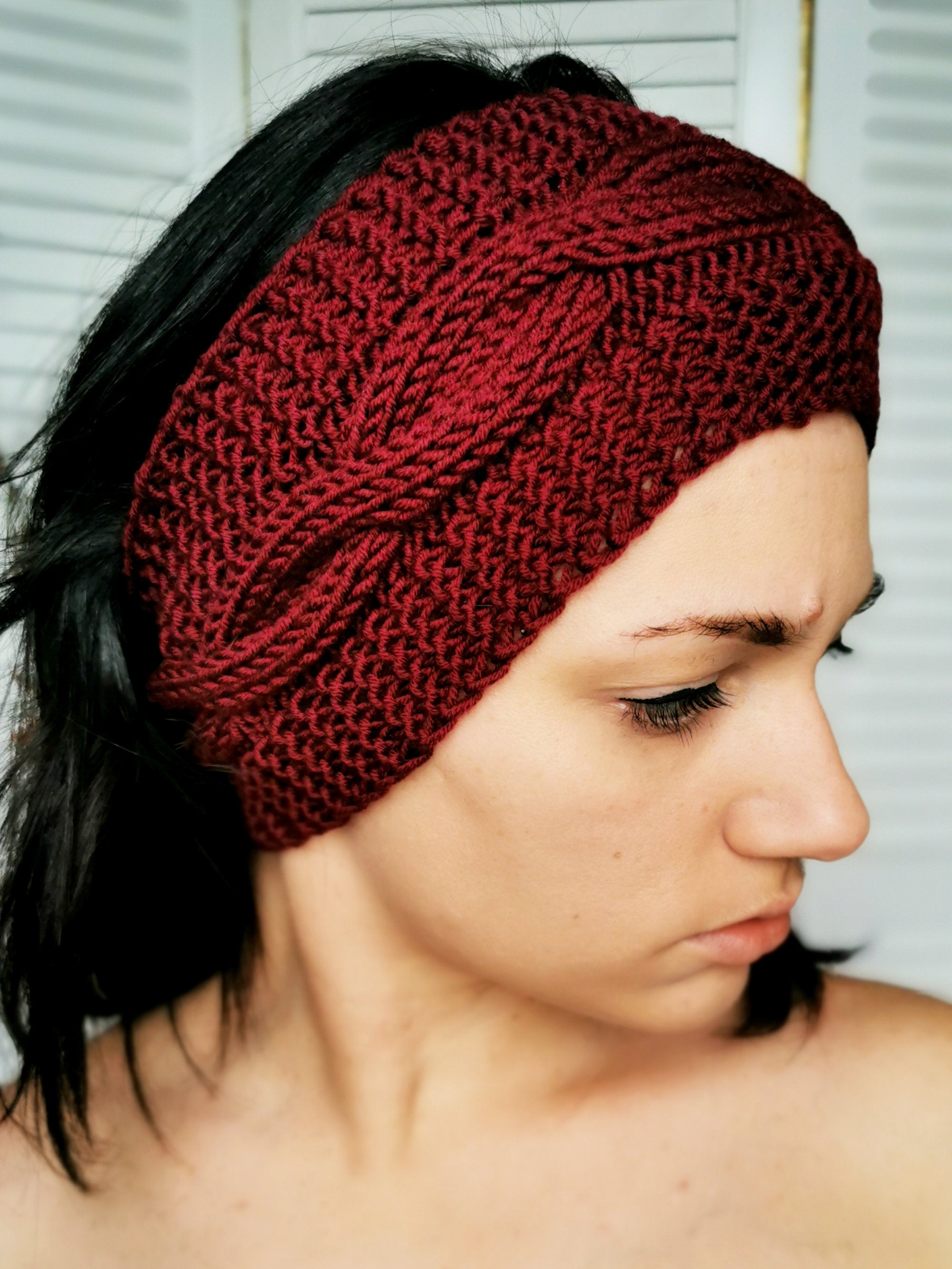 Merino wool handmade knitted winter headband in burgundy