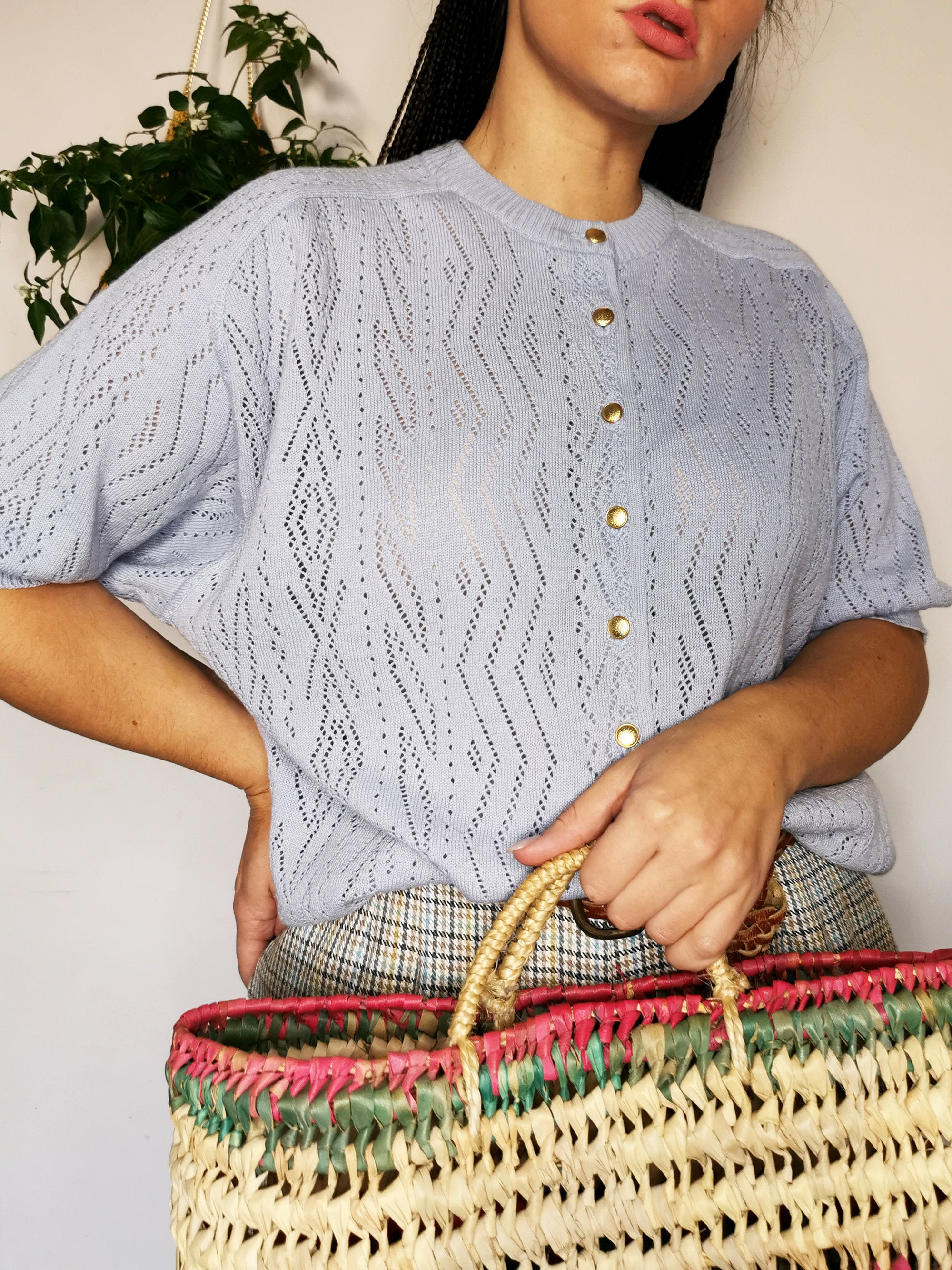 Vintage 80s minimalist knit button down short sleeve top