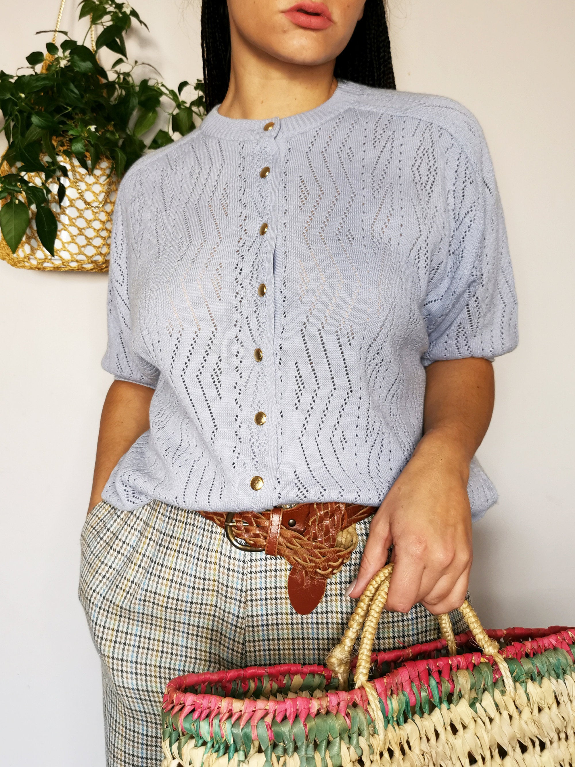 Vintage 80s minimalist knit button down short sleeve top