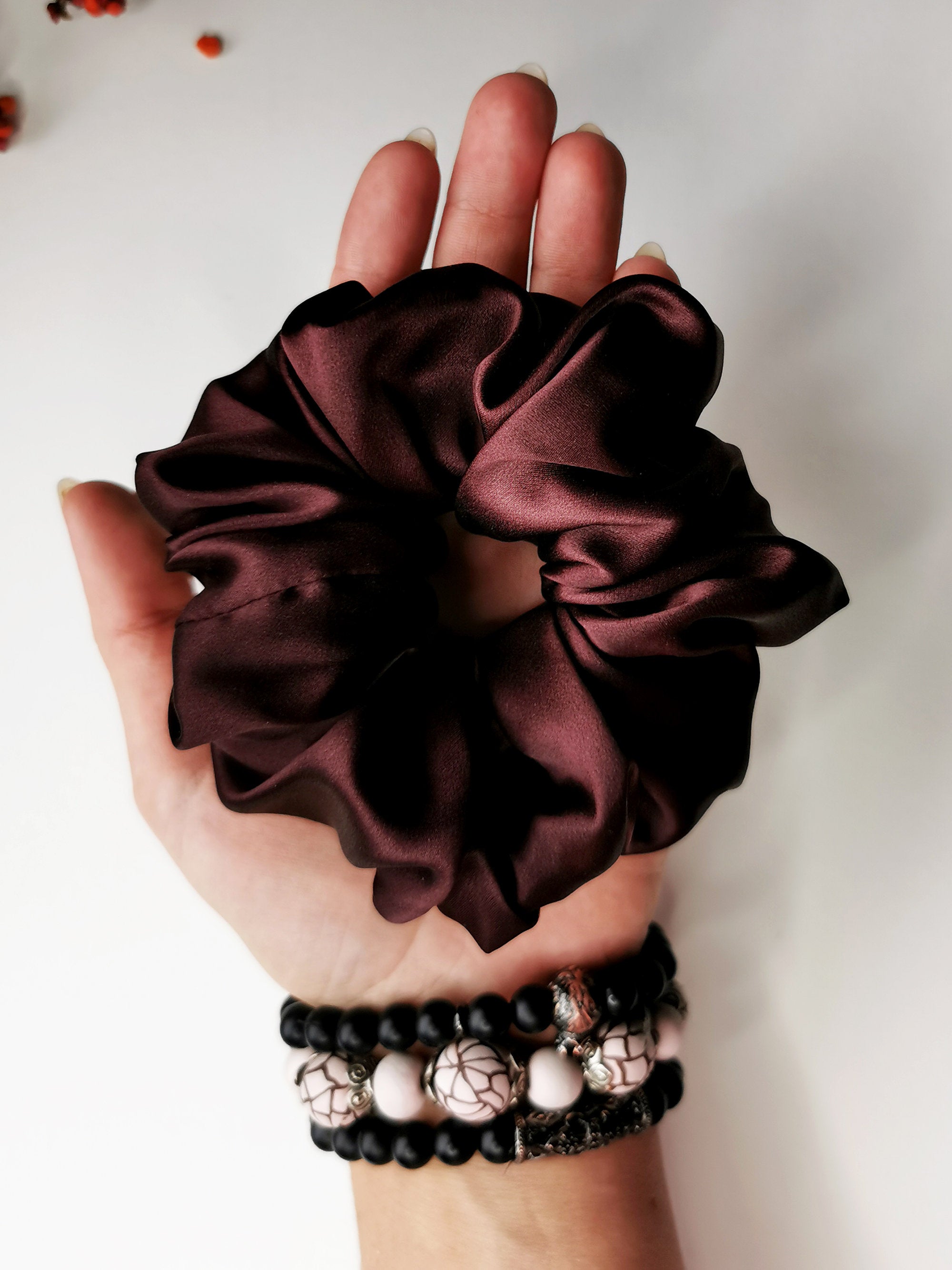 Handmade BIG mahogany 100% SILK hair scrunchy