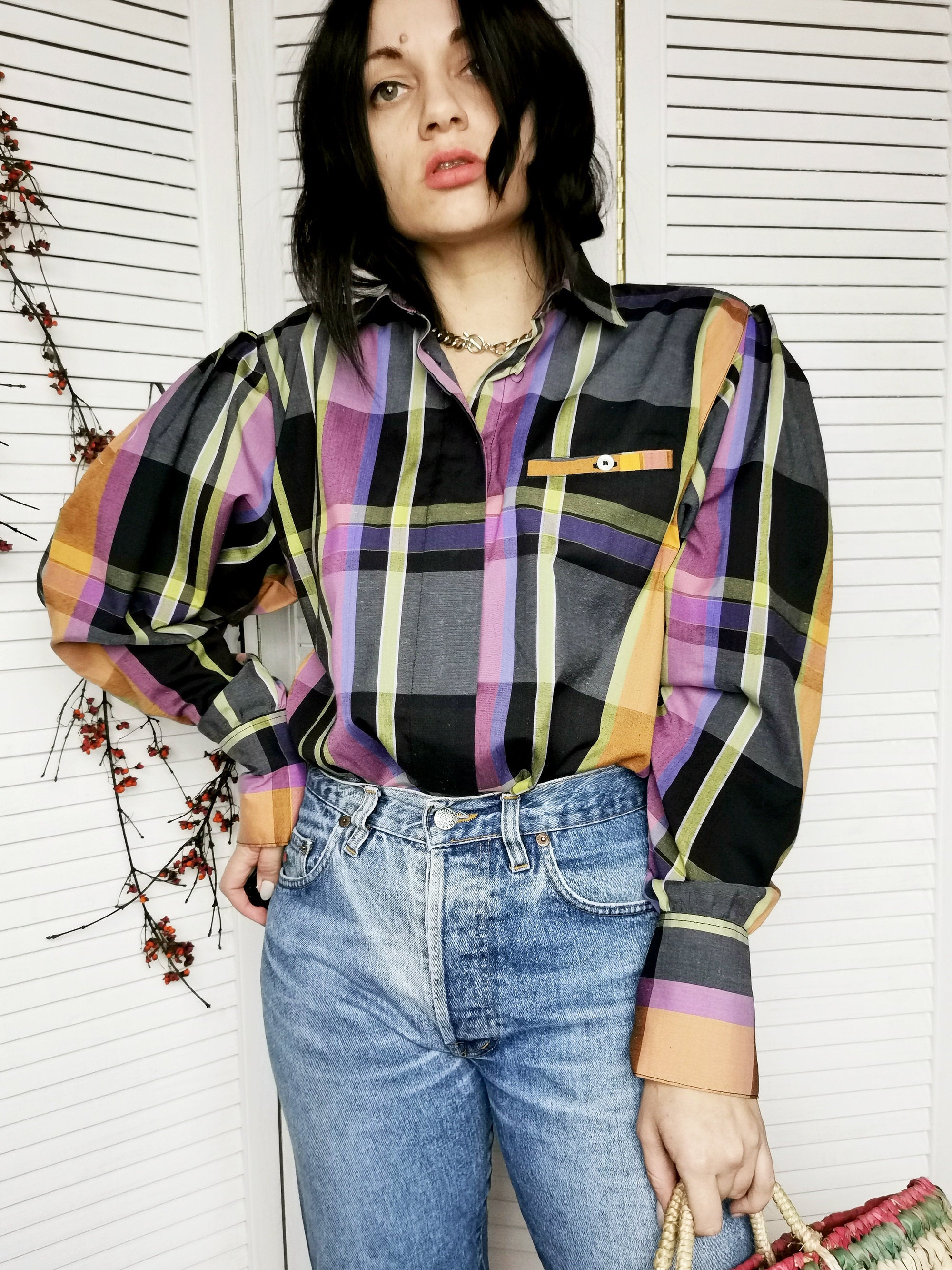 Vintage 80s tartan plaid print colorful shirt blouse