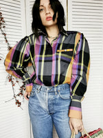 Load image into Gallery viewer, Vintage 80s tartan plaid print colorful shirt blouse
